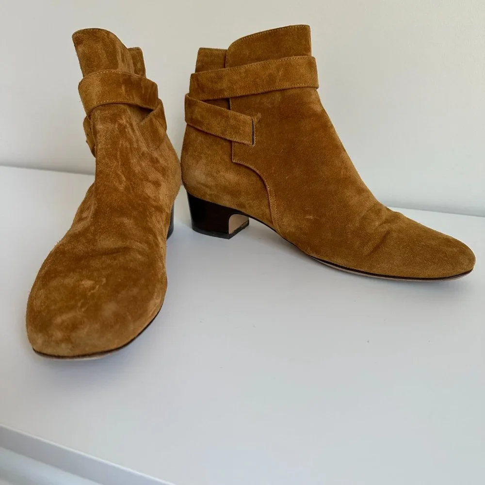 Michel Vivien Tan Suede Ankle Bootie with Buckle Strap - Picture 2 of 7